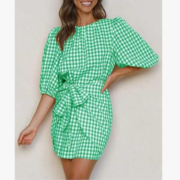 Womens Casual Plaid Crewneck Lantern Sleeve Wrap Tie Waist Party Short MiniDress - Picture 3 of 14